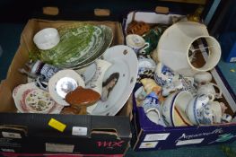 Two Boxes of Pottery; Plates, Clogs, Lamps, etc.