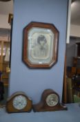 Vintage Framed Photograph and Two 30's Mantel Cloc