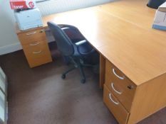 *L-Shape Desk in Rosewood Finish with Two Three Drawer Units, and a Gas-Lift Chair