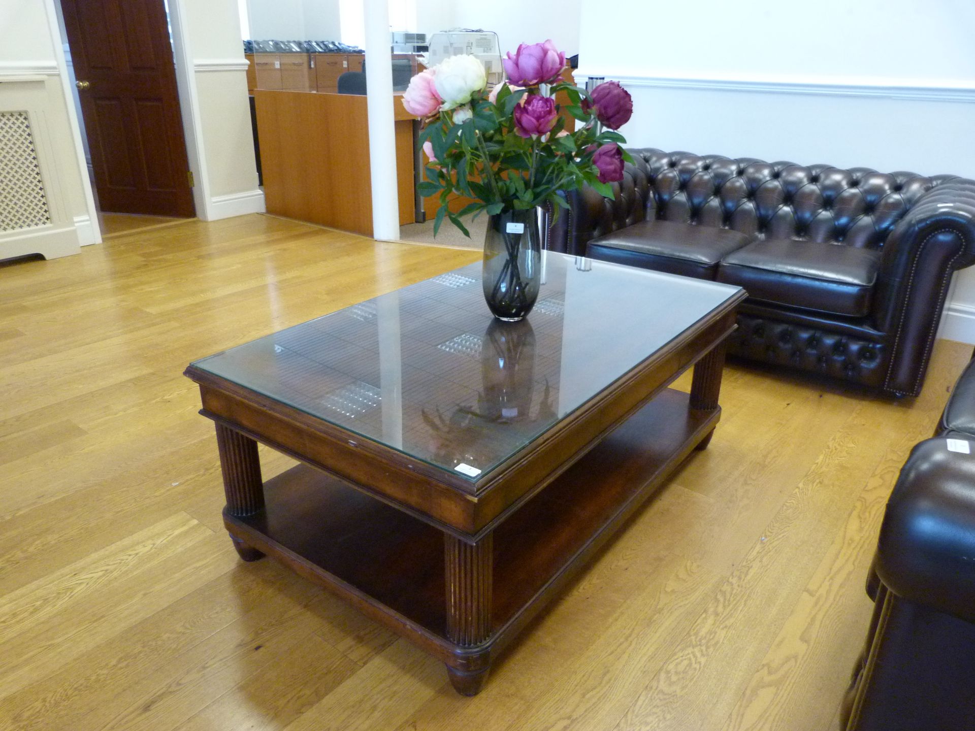 *Dark Wood Coffee Table with Pillar Legs and Glass Top