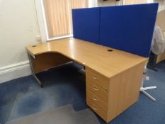 *L-Shape Desk in Lightwood Finish with Partition, and Four Drawer Pedestal