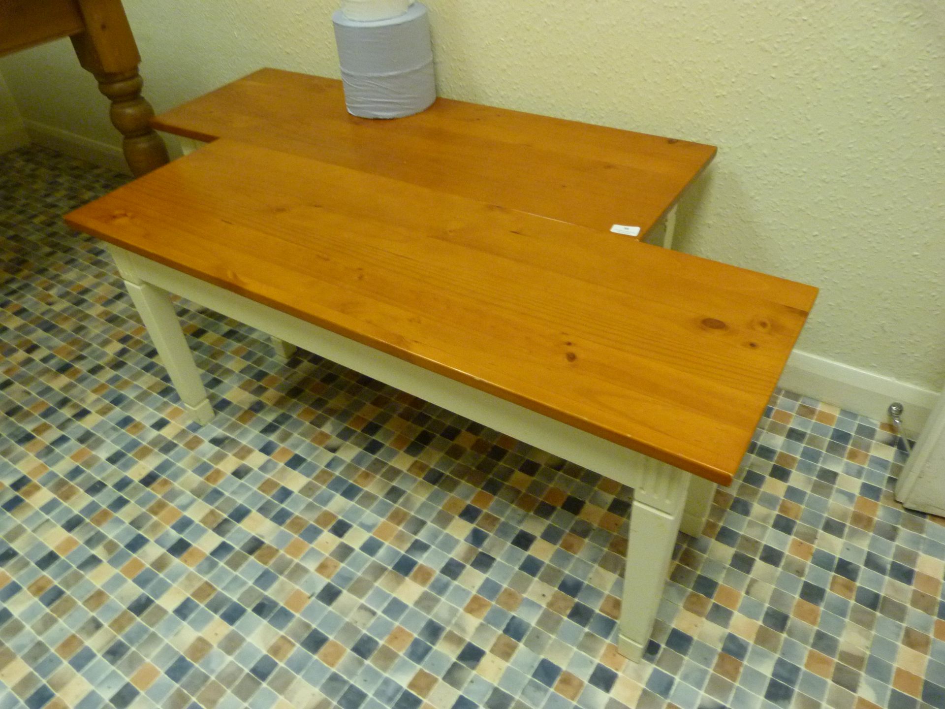 *Two Low Benches with White Legs and Wooden Top