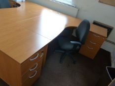 *L-Shape Desk in Rosewood Finish with Two Three Drawer Units, and a Gas-Lift Chair