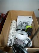 *Box of Assorted Cooling Fans, Alarm Clock, Disposable Cups, etc.