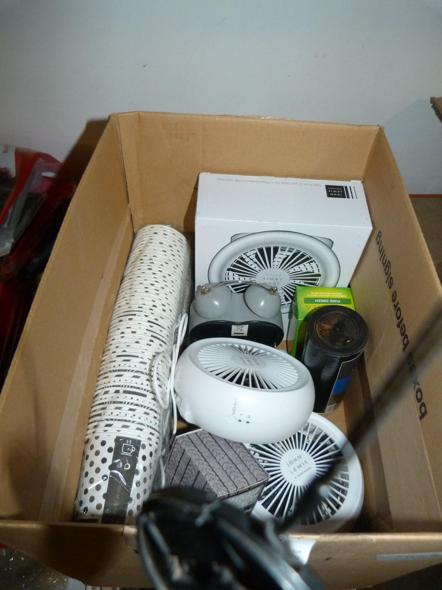 *Box of Assorted Cooling Fans, Alarm Clock, Disposable Cups, etc.