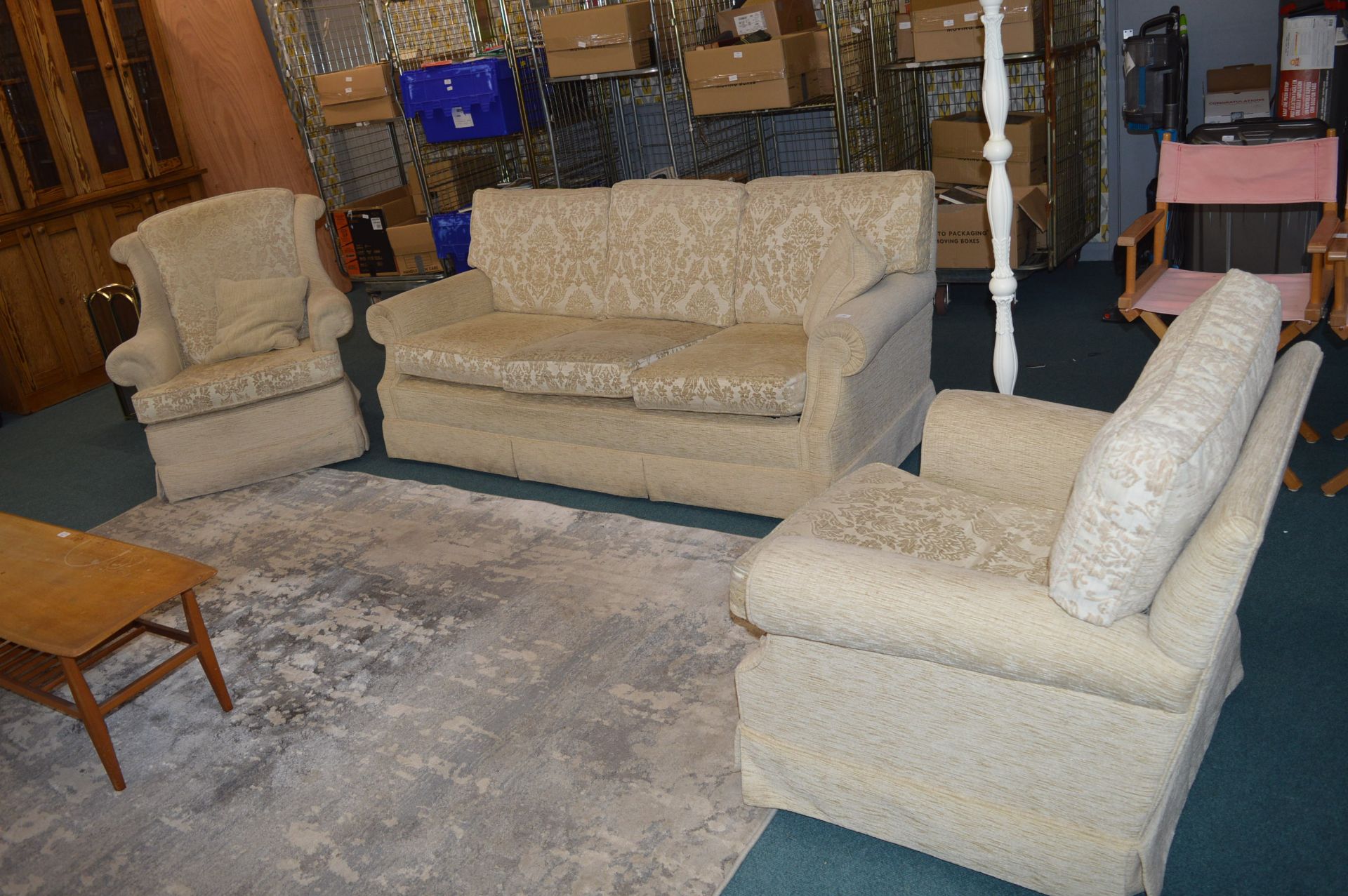 Three Piece Suite in Pale Gold Upholstery; Three S