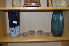 Two Glass Vases and Four Candle Holders