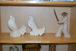 Pair of Pottery Doves and a Samurai