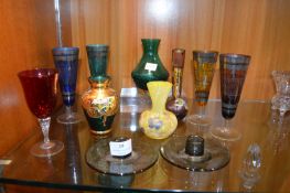 Coloured Glass Vase, Candlesticks, etc.