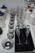 Pair of Thomas Webb Boxed Crystal Champagne Flutes plus Wedgewood Smoked Glass Drinking Set