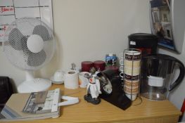 *Coffee Percolator, Water Jug, Coffee & Tea Kit, Desk Fan, Mugs, etc.