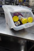 * Plastic tub and contents - inc hot drink supplies and biscuits