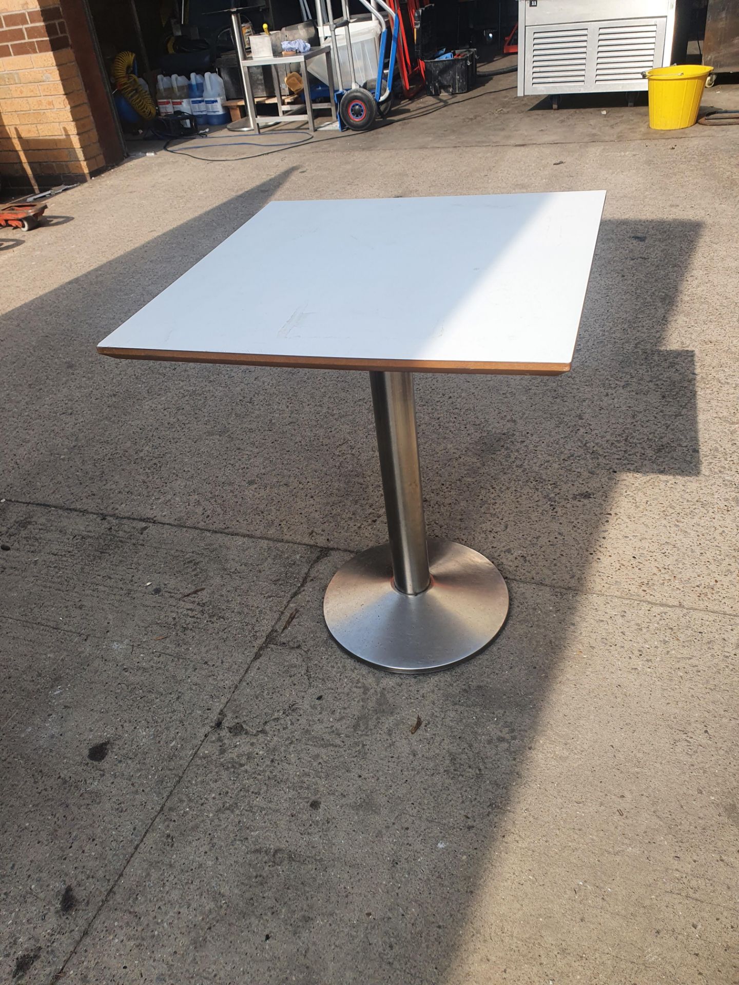 *3 x s/s pedestal base tables with square tops - Image 2 of 2