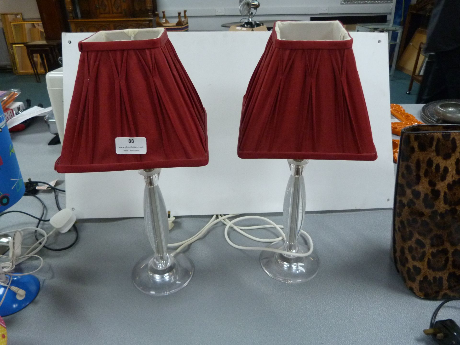 Two Acrylic Table Lamps with Burgundy Shades