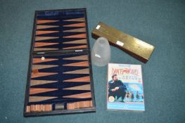 Backgammon Set, Vintage Glass Cribbage Board, Games Counter, Lampshade, and a Video