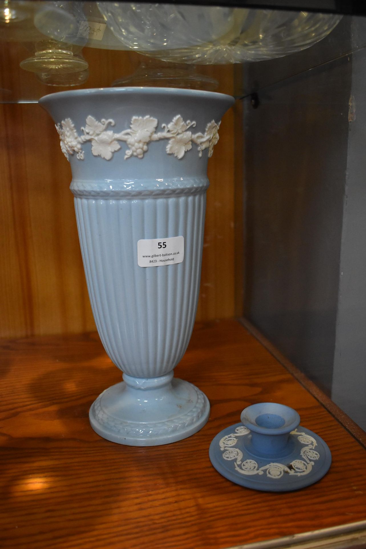 Blue & White Wedgewood Vase and a Candlestick