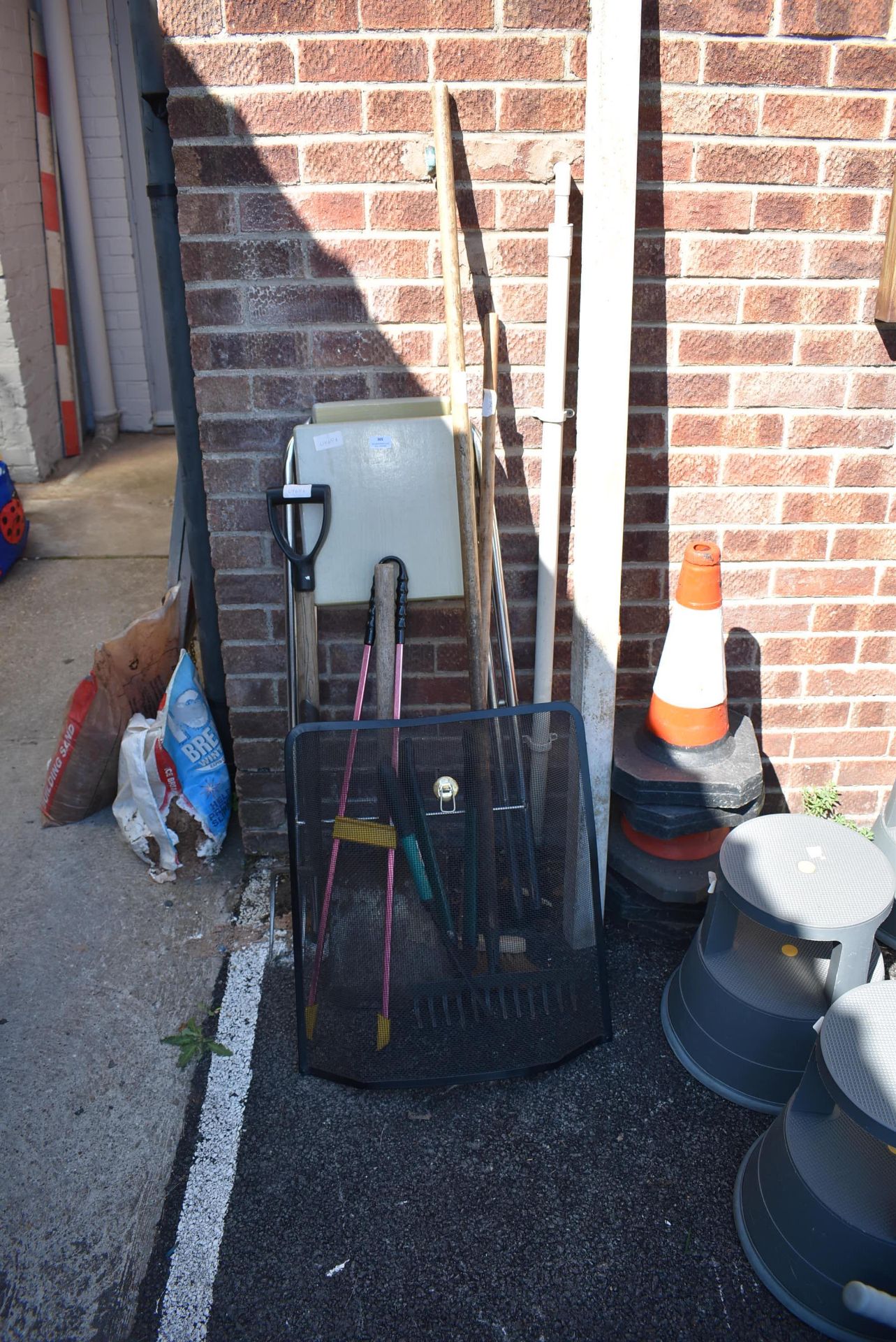 garden Tools, Folding Stool, and a Fire Screen