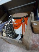 Antique Fruit Crate Containing Various Paint, Elec