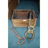 Wooden Box Containing Burdizzo Italian Castrating Tool, and Bulls Nose Tool
