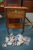 Morco 1930's Oak Sewing Trolley and Contents of Buttons, Sewing Accessories, etc.