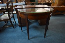Mahogany Fold Over Tea Table with String Inlaid Detail and Plate Glass Top