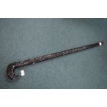 Ebonised Carved Walking Stick with Elephant Handle