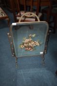 Brass Fire Screen with Hand Painted Beveled Mirrored Panel