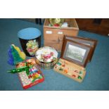 Wooden Crate and Vintage Christmas Decorations, Waste Paper Basket, etc.