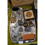 Tray Lot of Collectibles; Opera Glasses, Bronze Plaques, Silver Sherry Label, etc.