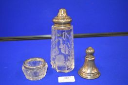 Cut Glass Caster and Salt with Silver Rims plus Silver Pepper Pot