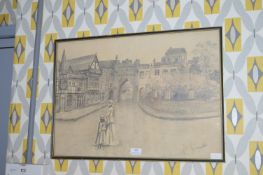 Edwardian Pencil Sketch of Beverley Bar by T. Beardshaw