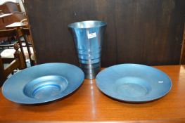Pair of Woodmet Metal Dishes Dishes and a Vase in Electric Blue Aluminium