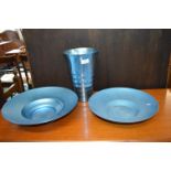 Pair of Woodmet Metal Dishes Dishes and a Vase in Electric Blue Aluminium