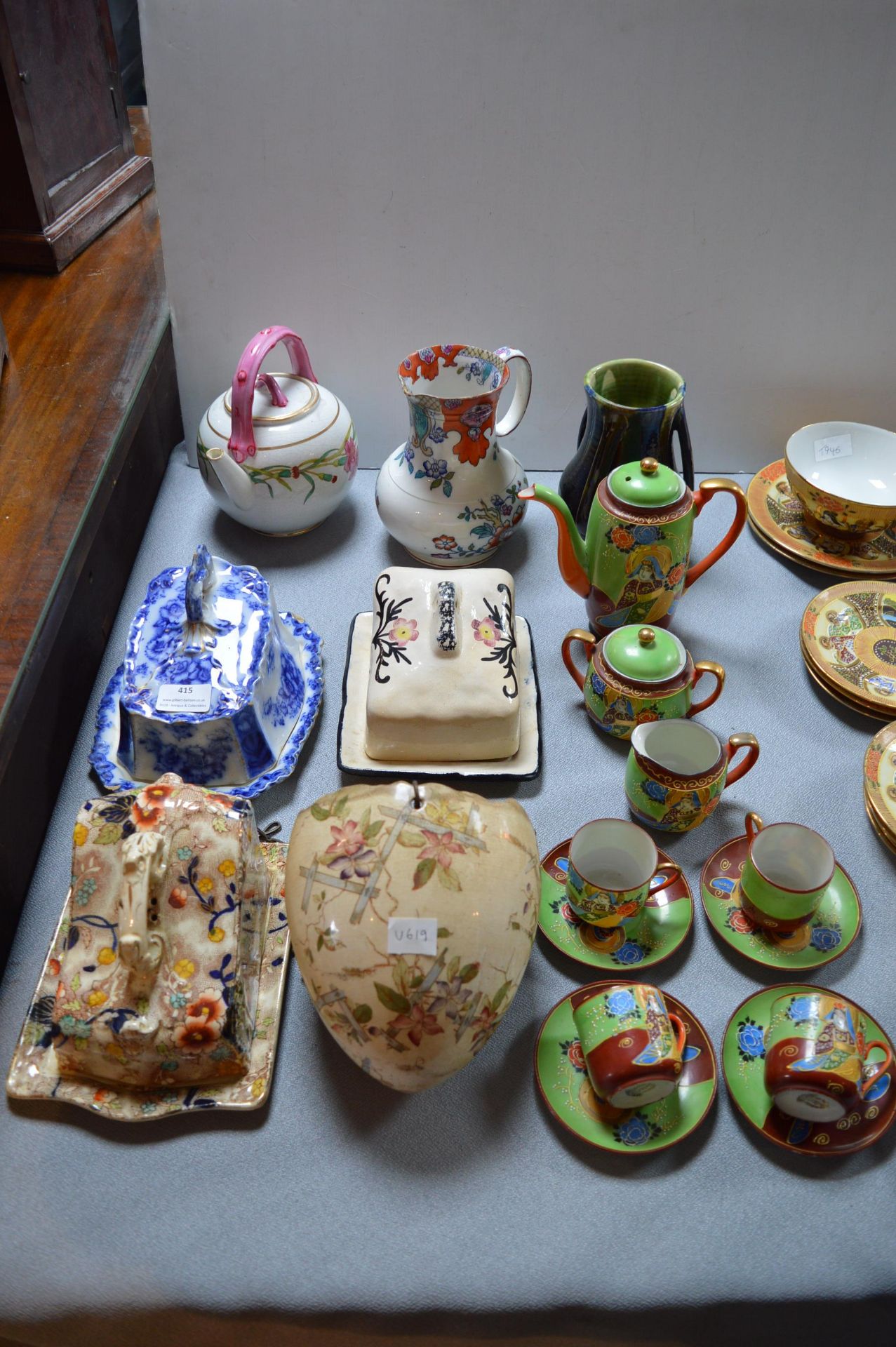 Assorted Pottery; Cheese Dishes, hanging Planter, Oriental Tea Set, etc.