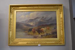 Victorian Oil on Canvas Highland Scene with Cattle by C.W. O'Mallery