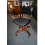Rolling Desk Chair on Mahogany Base with Half Leather Upholstered Seat and Back