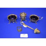 Hallmarked Sterling Silver Salt plus Liners, Caster, Russian Enameled Silver Strainer, and