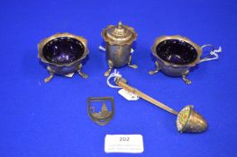 Hallmarked Sterling Silver Salt plus Liners, Caster, Russian Enameled Silver Strainer, and