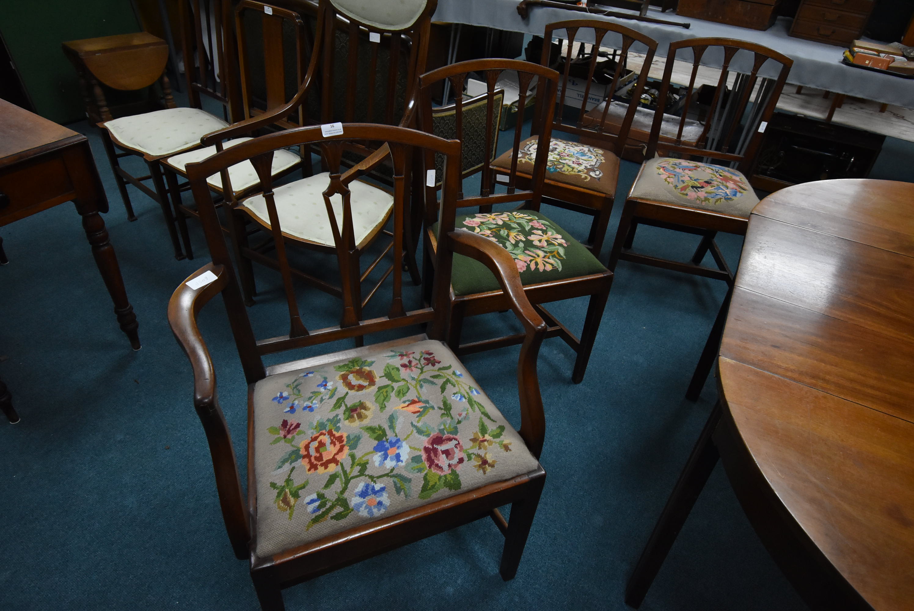 Set of Four Georgian Mahogany Dining Chairs with Embroidered Seat Pads