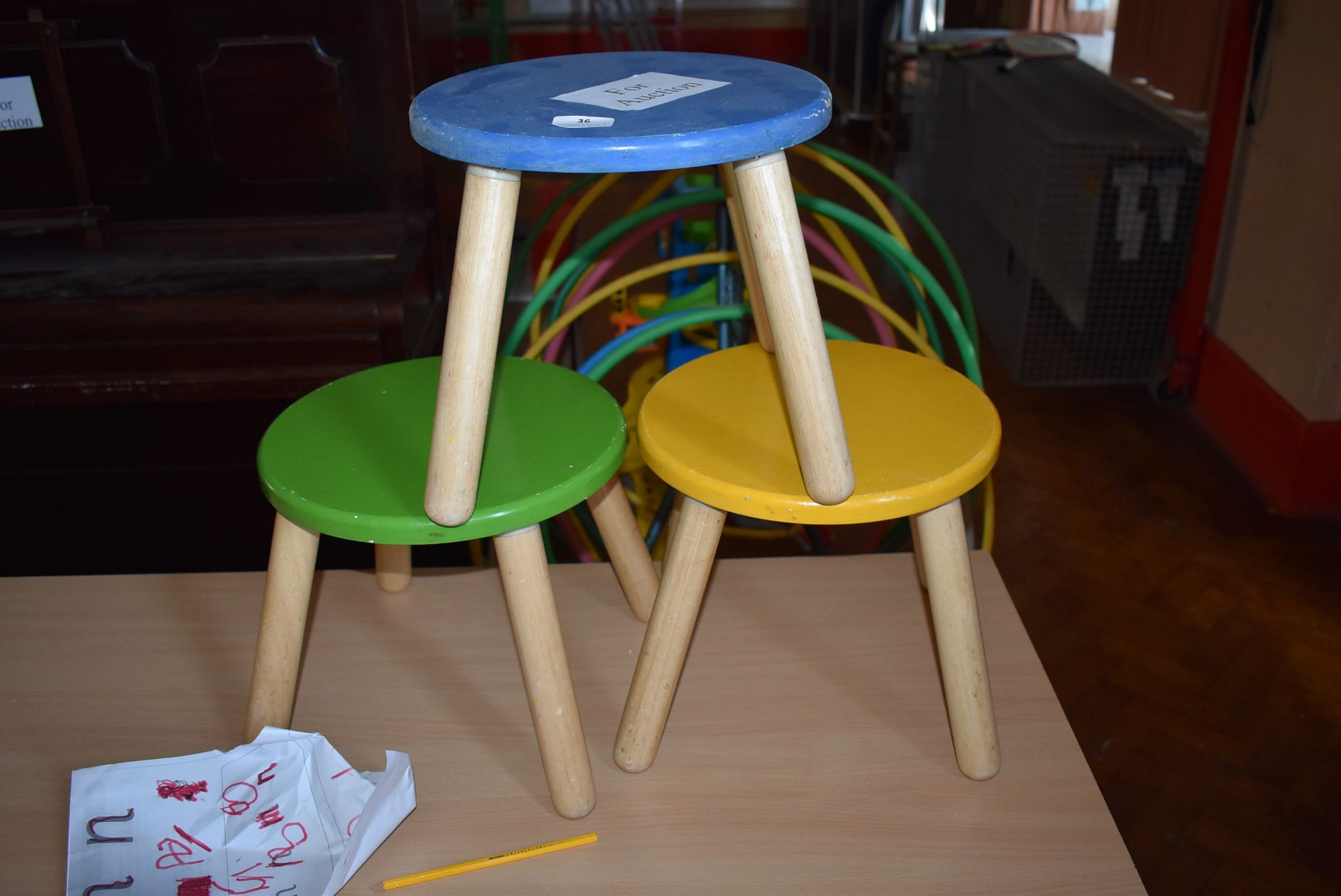 *Three Beech Framed Children's Stools with Coloure