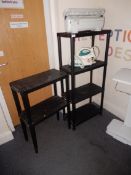 *Two Pieces of Black Plastic Shelving Containing Shrink Wrap Dispenser and ush Steam Iron