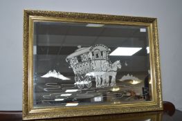 Gilt Framed Etched Mirror with Gypsy Caravan Desig