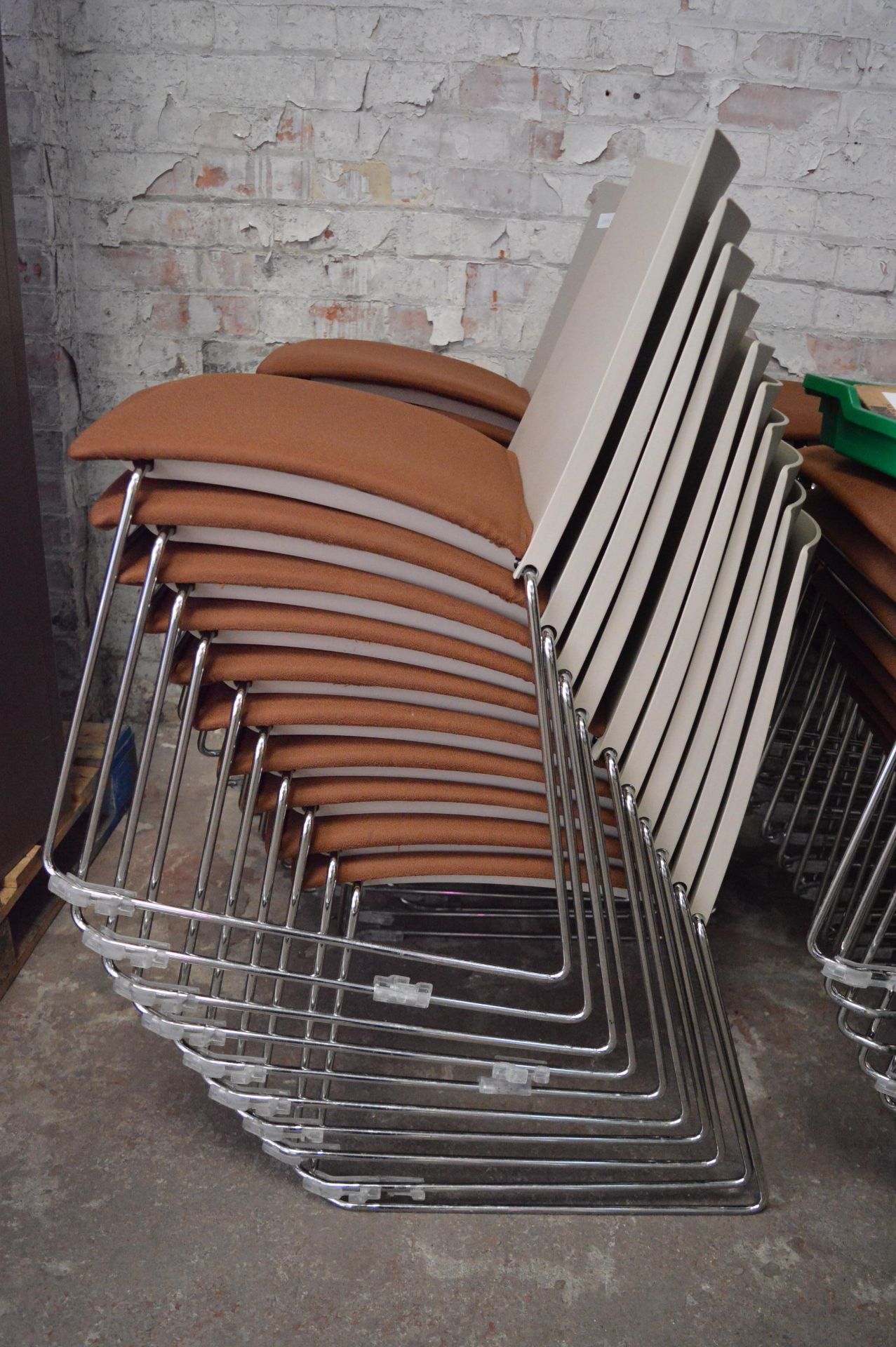 Ten Stackable Tubular Framed Chairs with Brown Upholstered Seats and Plastic Backs - Image 2 of 2