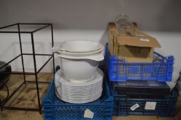 *Quantity of Plates, Mixing Bowls, Carafes, and a Metal Stand