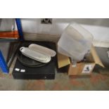 *Cash Drawer with Key, White Porcelain Serving Dishes, and Various Café Implements