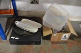 *Cash Drawer with Key, White Porcelain Serving Dishes, and Various Café Implements