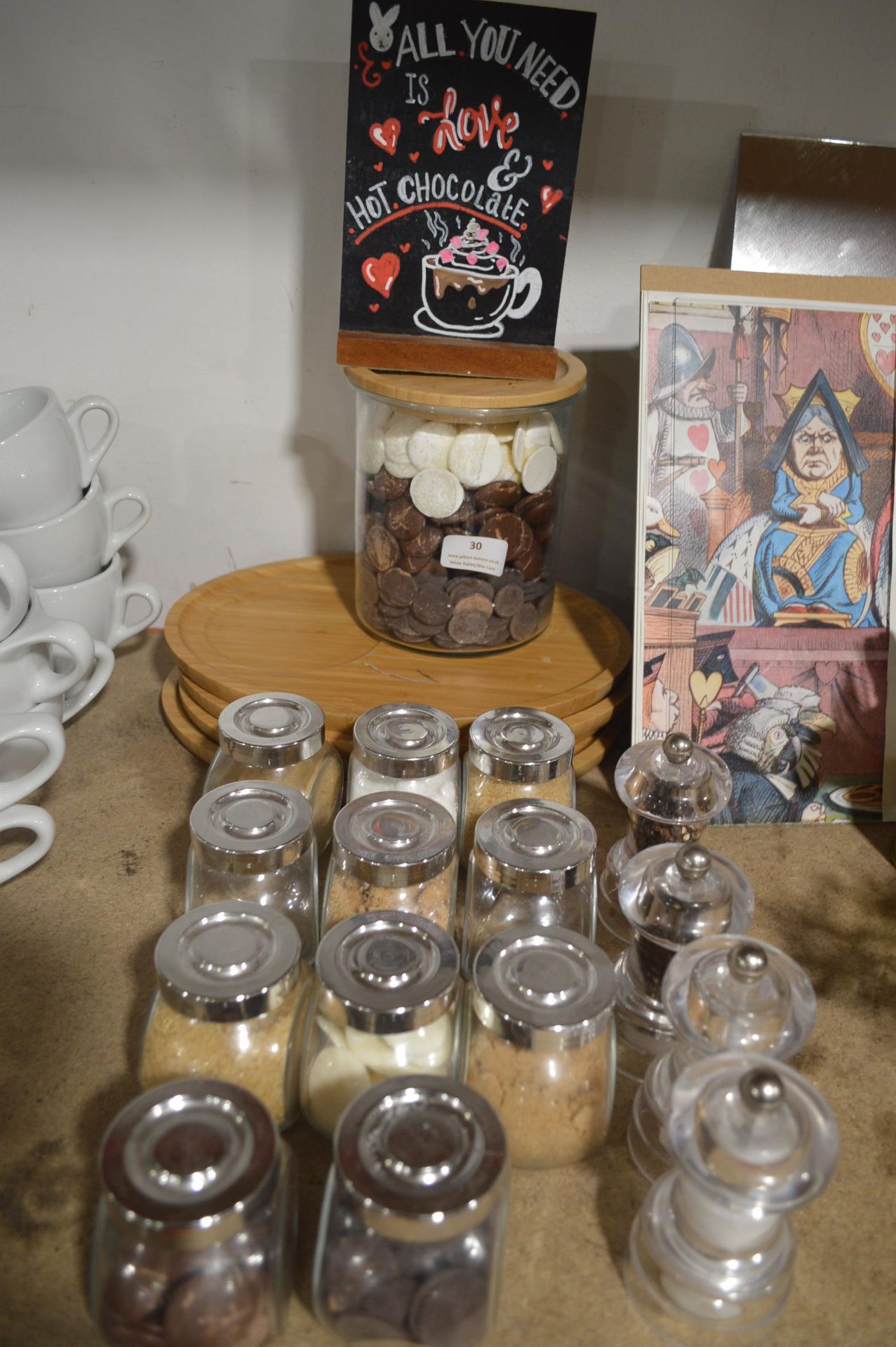 *Quantity of Sugar and Chocolate Buttons in Glass Jars, plus Salt and Pepper Grinders, Wooden