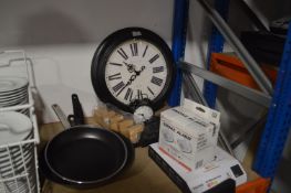 *Wall Clock, Alarm Clock, Kitchen Scales, Smoke Alarm, and Two Skillets