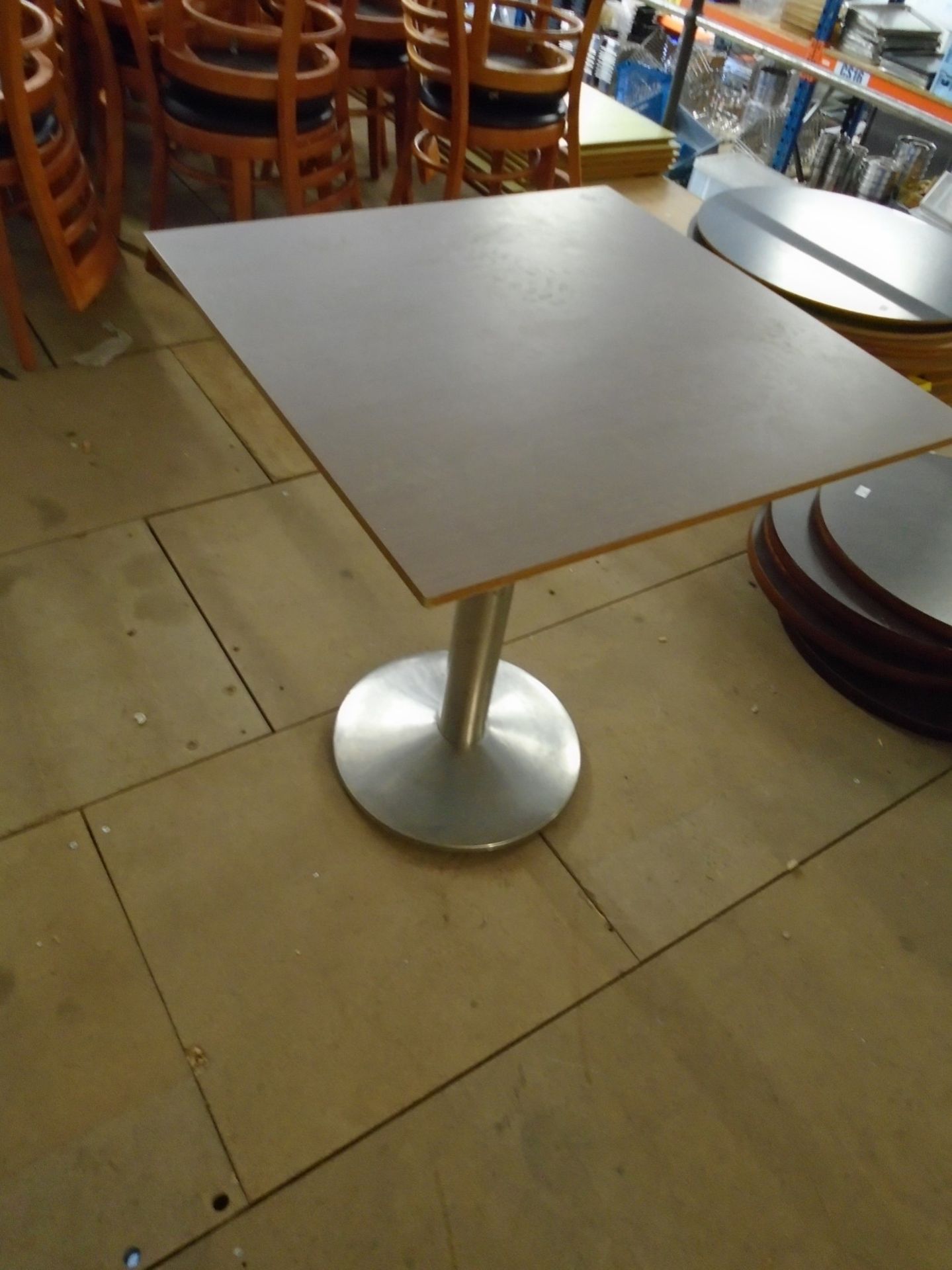 * 5 x S/S pedestal base table with 650 x 650 square tops - brown