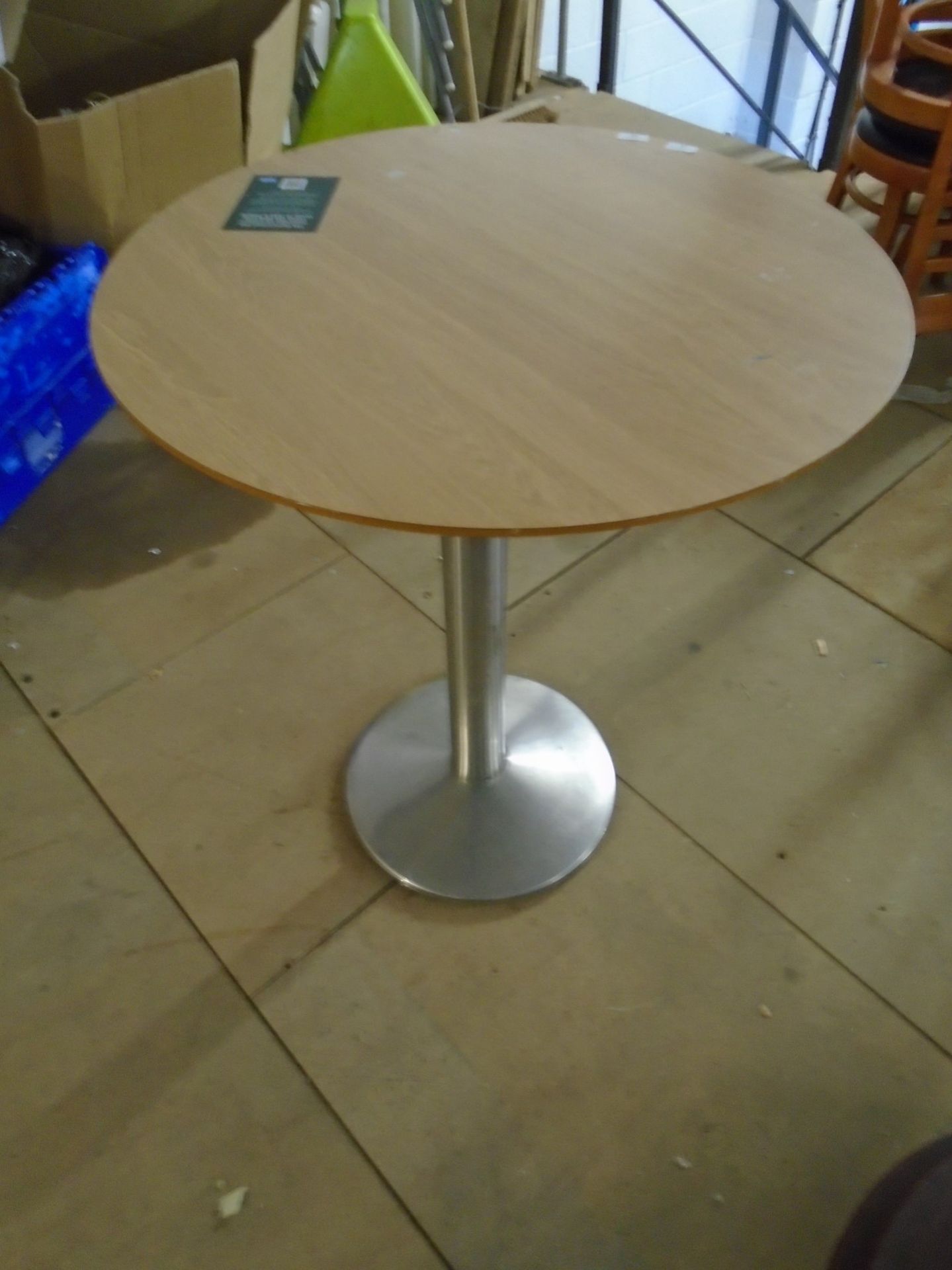 * 4 x S/S pedestal base table with 800 diameter round tops - beech effect
